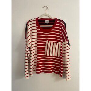 Cabi Red, Black & Cream Striped Long Sleeve Sweater With Pockets Size L